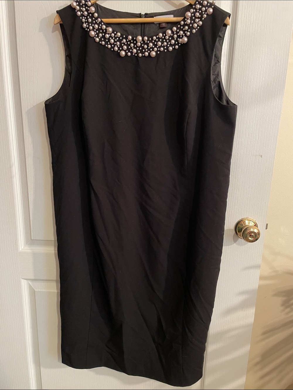 Calvin Klein Black Sleeveless Midi Dress with Pearl-Embellished Neckline